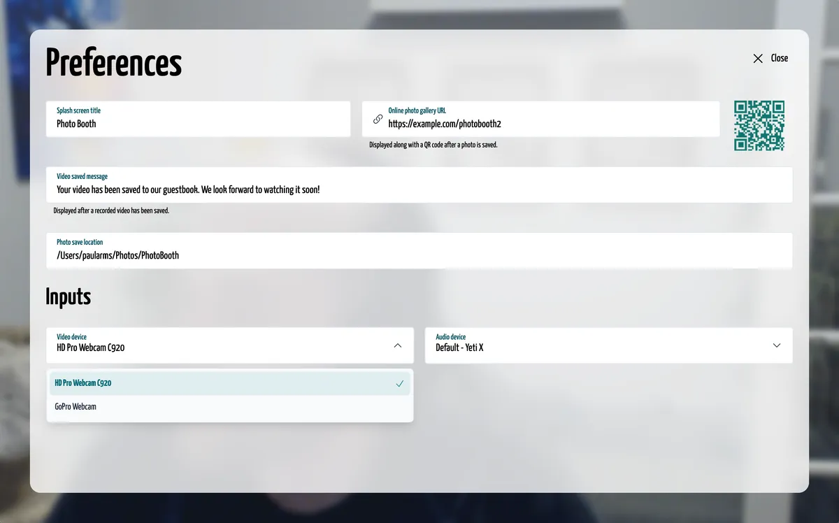 Screenshot of the Photo Booth’s preferences view
