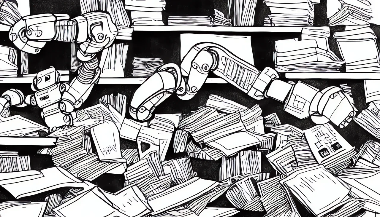 robot sifting through messy stacks of papers, black and white, Children’s Drawing